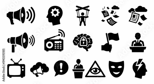 Solid black icons for psychological warfare and propaganda. Megaphones, puppets, and influence symbols collection. Vector illustration for political strategy apps, social influence blogs, and tactical