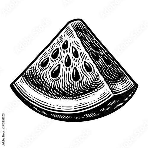 Vintage woodcut watermelon slice with seeds, hand-drawn black and white engraving, summer fruit, healthy food, botanical art, refreshing, natural, organic, retro design, culinary illustration, showcas