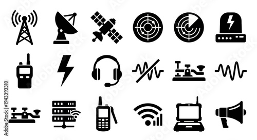 Solid black icons for electronic warfare and communications. Radio towers, satellites, and signal jamming equipment collection. Vector illustration for defense technology, radio apps, and strategic si