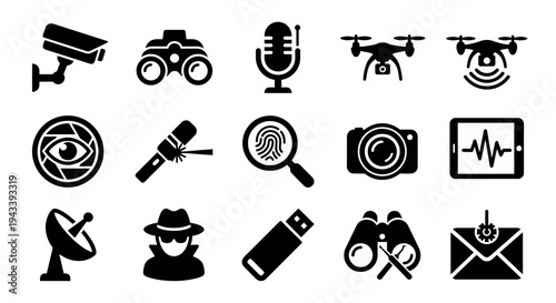 Solid black icons for high-tech espionage and surveillance. Security cameras, night vision, and listening devices collection. Vector illustration for privacy apps, spy-themed games, and intelligence a