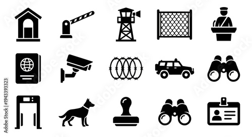 Solid black icons for border control and perimeter security. Guard booths, watchtowers, and checkpoint equipment collection. Vector illustration for security apps, border patrol history, and strategic