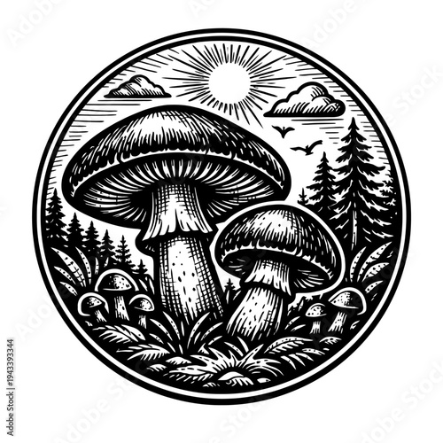 Vintage black and white circular woodcut illustration of a forest scene. Features large and small mushrooms, pine trees, foliage, sun, clouds, and birds. Perfect for nature art, rustic decor, woodland