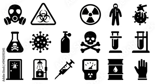 Solid black icons for chemical and biological warfare. Gas masks, biohazard symbols, and protective gear collection. Vector illustration for hazard safety apps, emergency response branding, and tactic