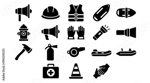 Solid black icons for civil defense and emergency rescue. Sirens, life vests, and safety equipment collection. Vector illustration for emergency response apps, public safety branding, and disaster man