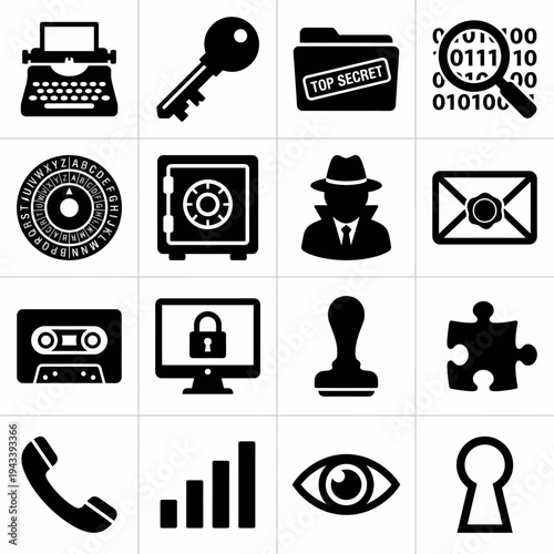 Solid black icons for intelligence services and cryptography. Secret files, cipher disks, and surveillance tools collection. Vector illustration for privacy apps, historical espionage blogs, and detec