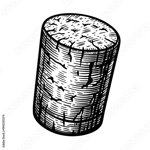 Detailed vintage woodcut illustration of a natural wine cork, hand-drawn in classic black and white line art. Perfect for beverage branding, winery logos, rustic decor, or designs needing a timeless s