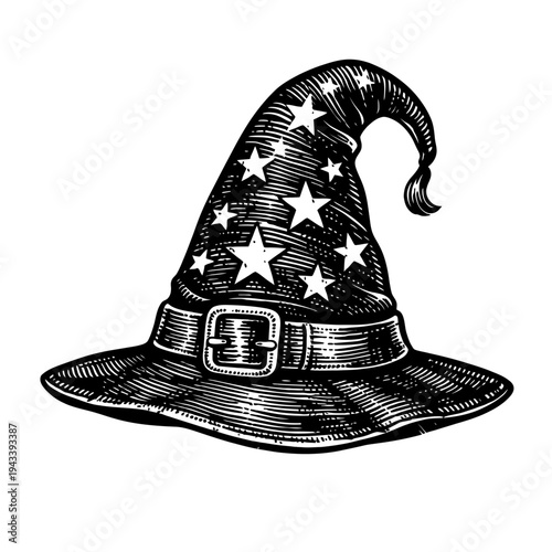 Vintage Engraved Wizard Hat Illustration with Sparkling Stars and Ornate Buckle Detail, Perfect for Fantasy Themes, Halloween Designs, Magic-Themed Decor, Mystical Costume Graphics, and Spellbinding A