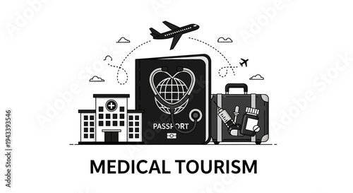 Medical Tourism Concept Illustration with Passport, Hospital, Airplane, and Medical Kit.