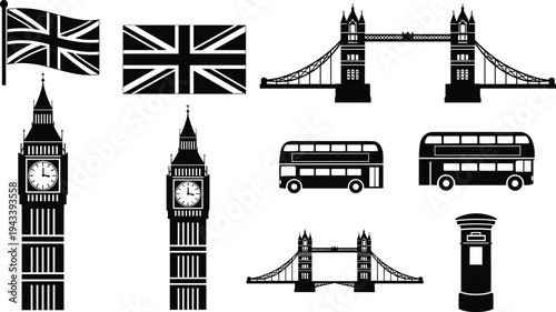 London landmarks icon set featuring Big Ben Tower Bridge double decker bus Union Jack flag and British post box silhouettes for United Kingdom tourism