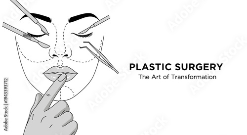 Plastic surgery concept illustration with woman's face, surgical tools, and dotted lines for transformation.