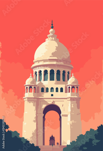 Victoria Memorial, Kolkata elegant marble dome is transformed into stark, brutalist cream shape heavy black shadows Flat red sky Authoritarian grand Open space top