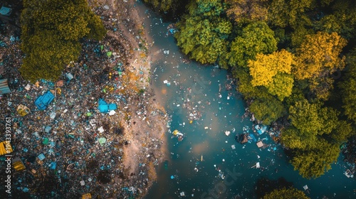 Polluted river choked with trash and debris flowing through a dense forest, highlighting environmental damage and ecological crisis.