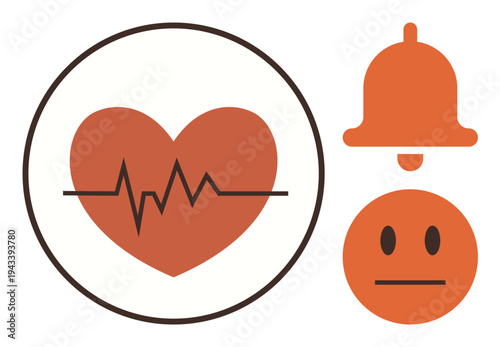 Healthcare monitoring, emergency alerts, heart health, wellness tracking, digital communication, emotional response. Heartbeat on heart, bell and neutral face icons. Healthcare and emergency alerts