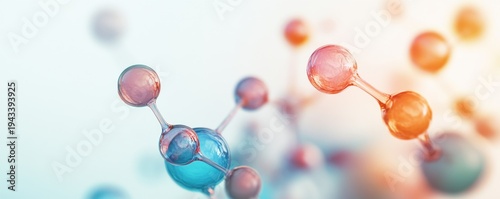 Translucent, glossy 3D molecular structure in a vibrant blue to orange gradient with shallow DOF, representing chemical bonds and scientific innovation. Biotechnology, Research