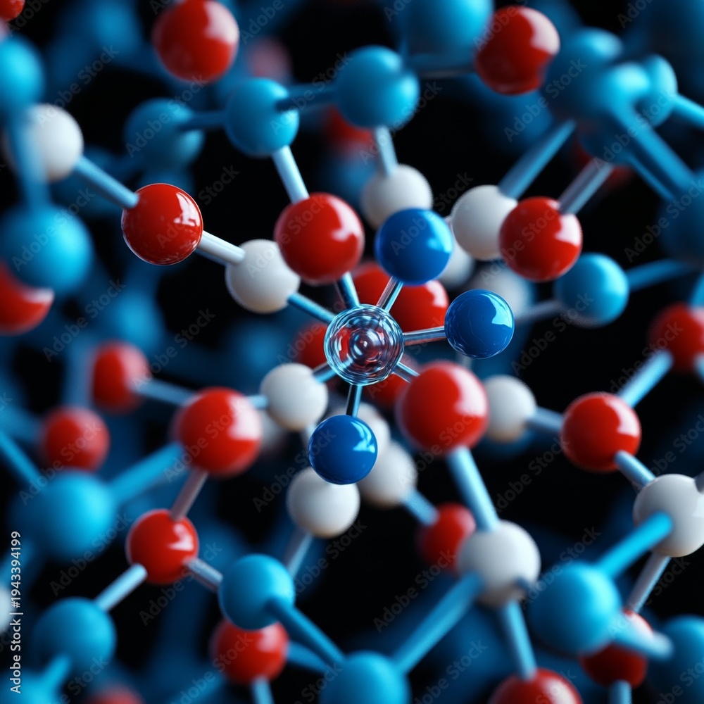 Obraz premium Vibrant 3D Molecular Network Interconnected Red, Blue, White Atoms with a Glowing Central Core, Visualizing Chemical Bonds and Nanotech Concepts., Chemistry, Science