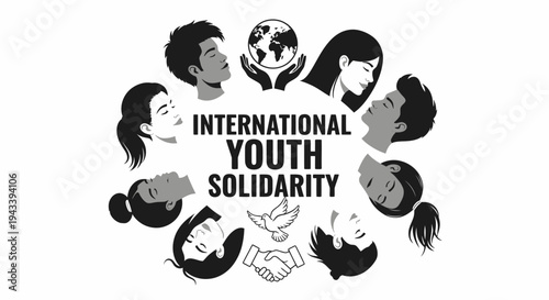 International Youth Solidarity concept illustration with diverse young people profiles in a circle.