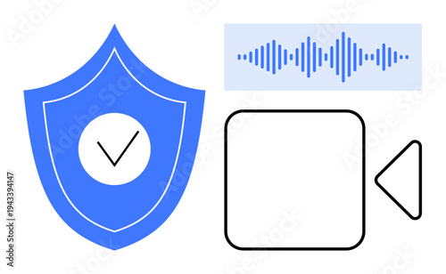 Digital security concept. Digital security via a shield icon, audio waveform, and video recording. Digital security for privacy, communication, and compliance. For technology, cybersecurity
