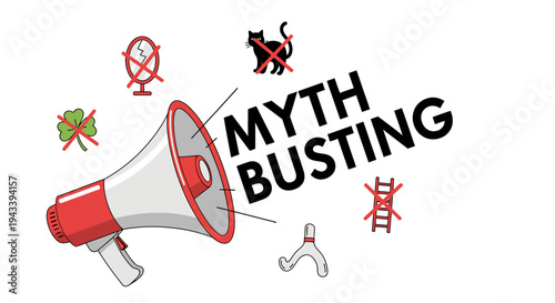 Myth Busting concept illustration with megaphone and crossed-out superstition symbols.