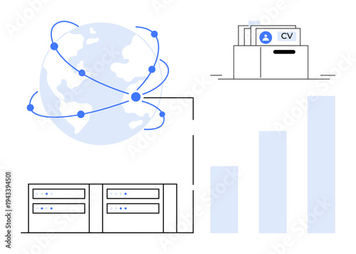 Data management. Centralized data systems linked globally for efficient sharing. Data management ed by servers, CV file storage, and analytics. For networking, HR systems, and statistics