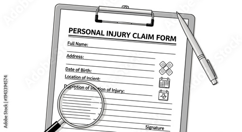 Personal Injury Claim Form on Clipboard with Pen, Magnifying Glass, and Bandage Icons.