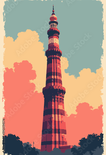Qutub Minar, Delhi towering fluted minaret pierces sky like spear Stark vertical lines, heavy ink shading Red black palette monument to endurance Blank space