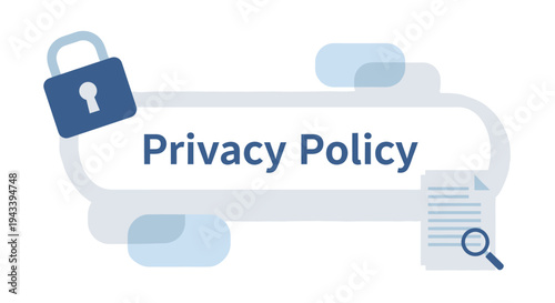 Privacy Policy Concept Illustration with Padlock, Document, and Magnifying Glass Icons.