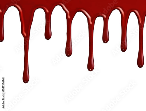 Red paint drips on a white background, vector. Splashes of pomegranate juice, sauce, and cherries. Spilled red paint on a wall. Blood stains.