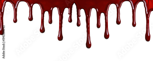 Red paint drips on a white background, vector. Splashes of pomegranate juice, sauce, and cherries. Spilled red paint on a wall. Blood stains.