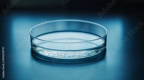 Vibrant blue lab Clear petri dish holding liquid with iridescent micro-structures. Embodying scientific discovery, biological analysis. (Research, Cells) , Lab, Biology