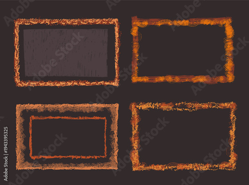 Vector hand drawn rectangular objects. Text box and frames. Textured, grunge, various copper tones colors doodle outlined shapes.
