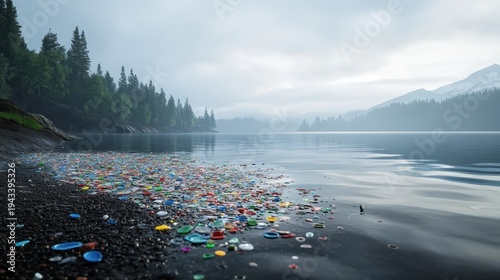 Colorful Microplastics Floating Near the Banks of a Polluted Rural Lake Under Overcast Skies
