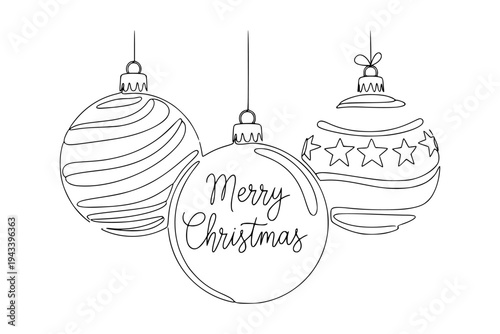 Three hanging Christmas baubles in simple line style on a white background representing festive holiday decoration concept