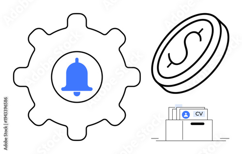 Job application management. A notification bell, dollar symbol, and file system depict job search operations. Job application management simplifies workflow, improves hiring, and enhances career
