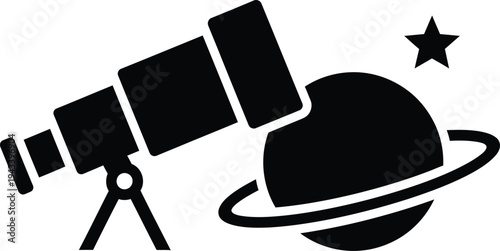 Telescope observing planet with ring and star vector illustration