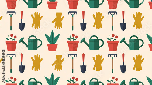Colorful gardening tools and plants seamless pattern on beige background for hobby and gardening concepts