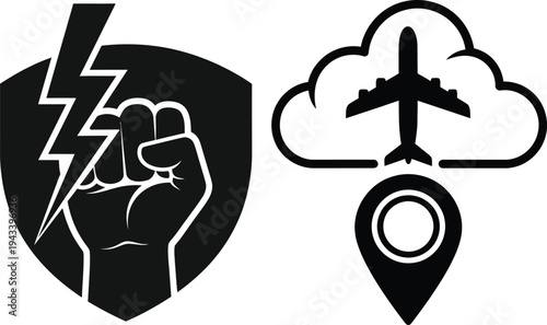 Shield with clenched fist and lightning bolt, airplane flying over clouds with location pin vector illustration