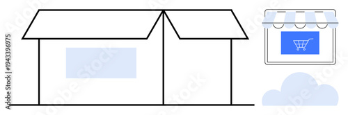 E-commerce, online shopping, logistics, delivery, retail business, cloud storage. A warehouse box and an online storefront with a shopping cart icon. E-commerce and logistics visual