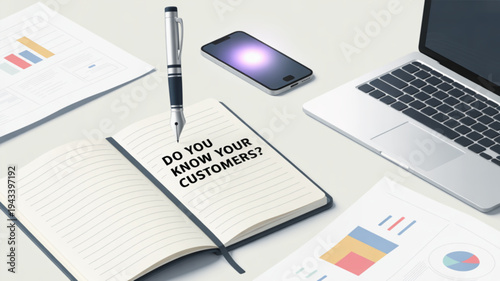 Business workspace with notebook and text 'do you know your customers' on desk with laptop and phone