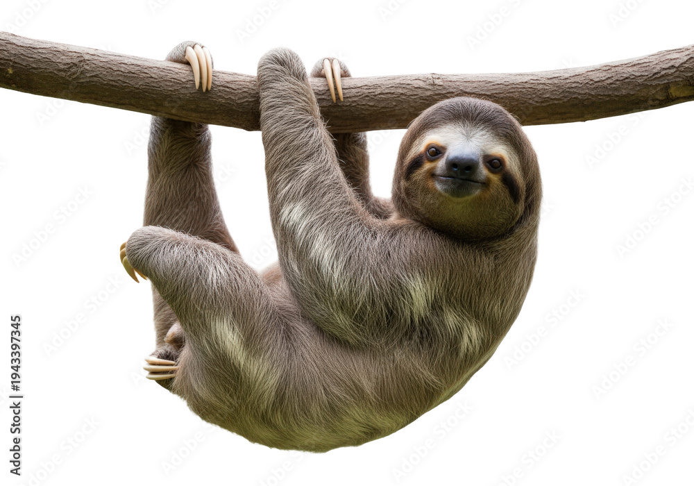 Fototapeta premium Sloth hanging on tree branch on transparent background