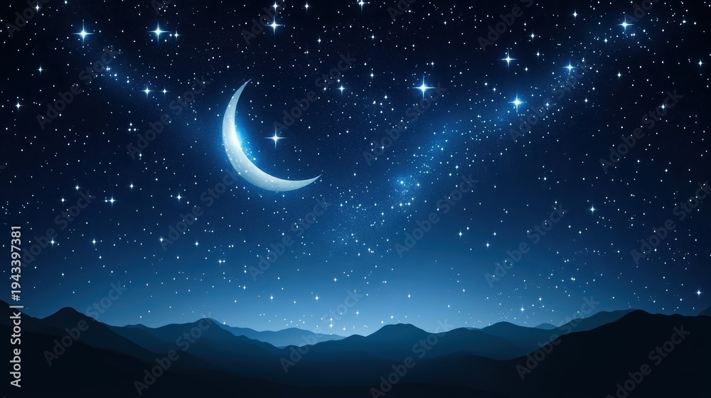 Obraz premium Majestic crescent moon and sparkling starry night sky above dark silhouetted mountains