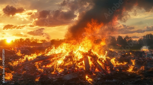 Large bonfire of charred refuse and debris burning intensely with dramatic sunset lighting in a rural landscape