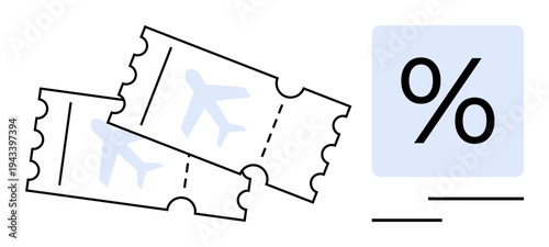 Travel discounts, budget holidays, promotions, financial savings, airline tickets, travel deals. Two plane tickets next to a percentage symbol. Travel discounts and budget holidays
