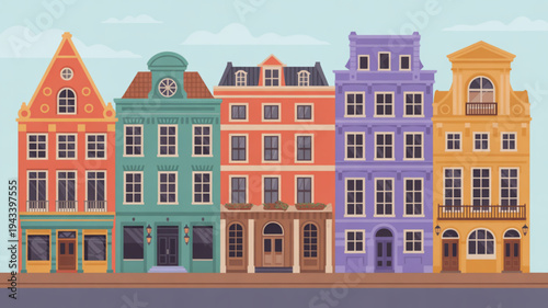 Colorful row of traditional european houses with varied facades and balconies on a calm street