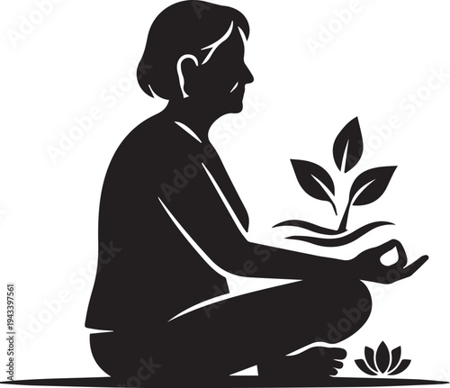 Senior Yoga Meditation Silhouettes and Elderly Wellness Vector