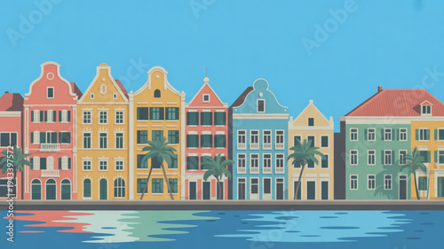 Colorful dutch colonial buildings line waterfront with palm trees and reflections in calm water on a sunny day