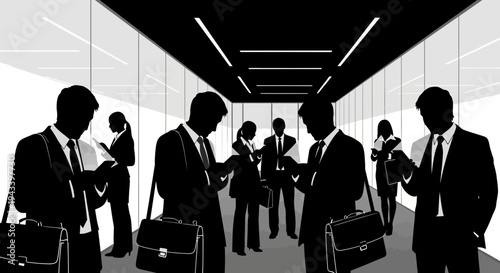 Silhouettes of business professionals in office hallway.