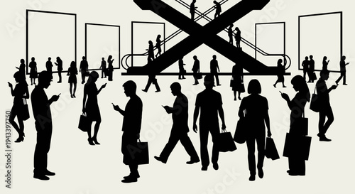 Silhouette of people walking in a busy station or airport.