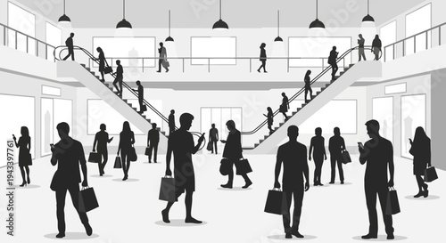 Silhouettes of business people in office building.