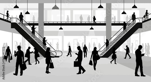 People walking on escalators in a large public building interior with cityscape.
