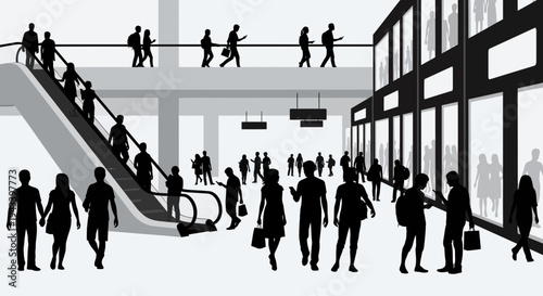 Silhouettes of people in a busy airport terminal with escalators and large windows.